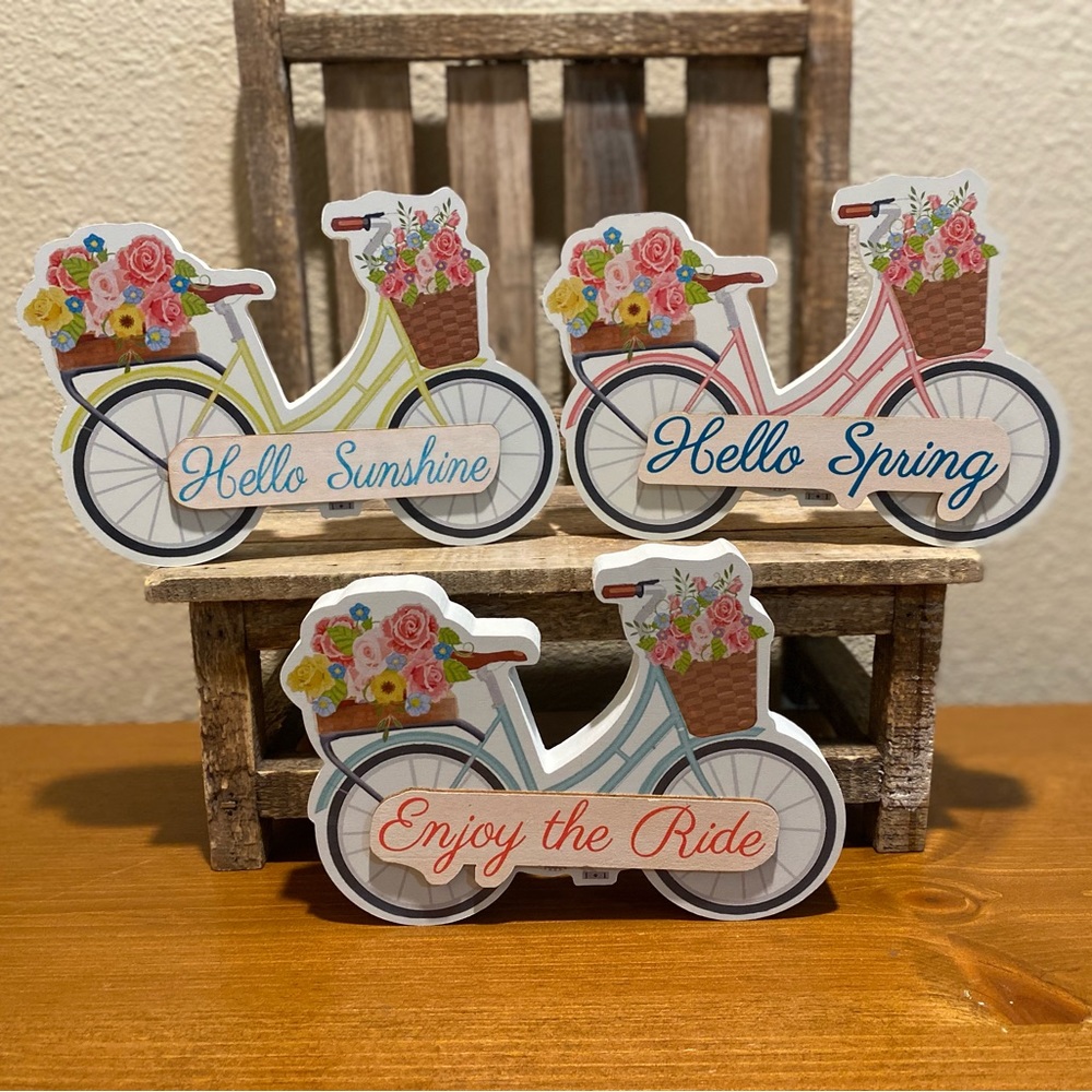 Bicycle Wood Signs Set Of 3 For Tier Trays, Enjoy The Ride, Hello Sunshine